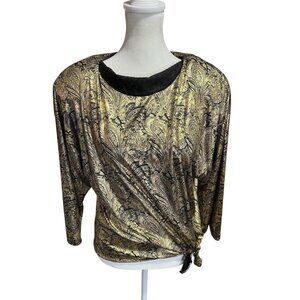 Vintage Frejani Women's 10 80s Gold/Black Paisley Blouse Long Sleeve Side Tie